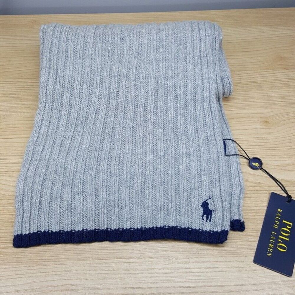 POLO RALPH LAUREN Mens Scarf Gray Ribbed Stripe Hem Wool Blend Pony Logo 9x70